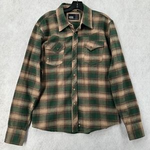 Micros Pearl Snap Flannel‎ Shirt Mens MED Plaid Green Brown Southwestern Button